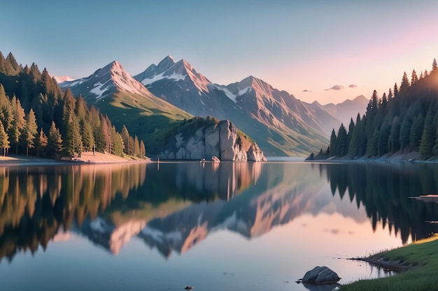 Un lago di montagna con una catena montuosa sullo sfondo