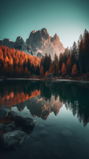 Un lago di montagna con una foresta e una montagna sullo sfondo