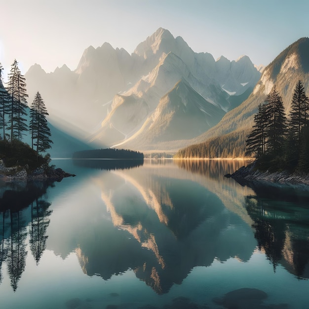 Un lago di montagna con una montagna sullo sfondo e il riflesso di una montagna nell'acqua