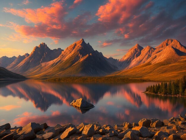un lago di montagna con una montagna sullo sfondo e una montagna nello sfondo