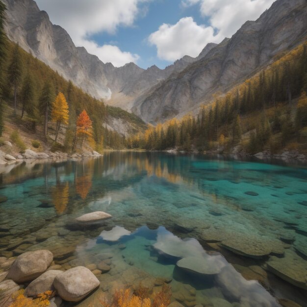 Un lago di montagna con una montagna sullo sfondo.