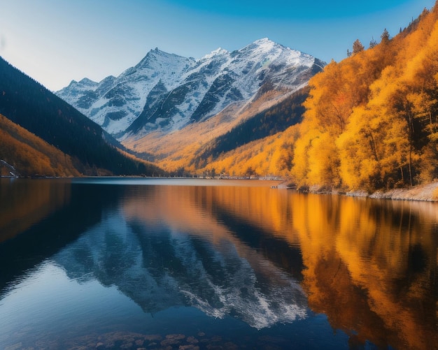 Un lago di montagna con una montagna sullo sfondo