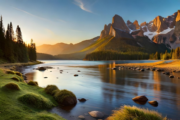 Un lago di montagna con una montagna sullo sfondo