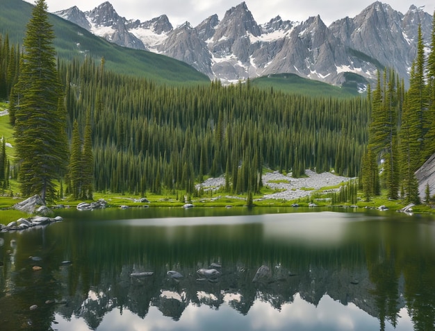 Un lago di montagna con una montagna sullo sfondo