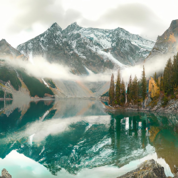 Un lago di montagna con una montagna sullo sfondo