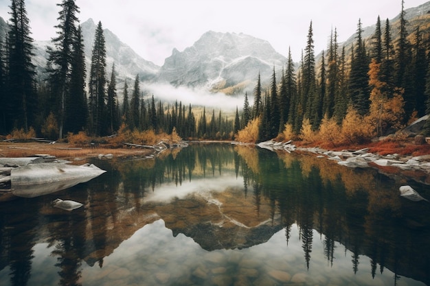 Un lago di montagna con una montagna sullo sfondo