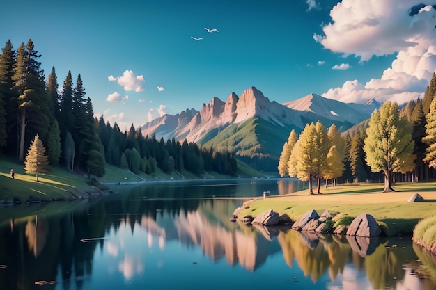 Un lago di montagna con una montagna sullo sfondo