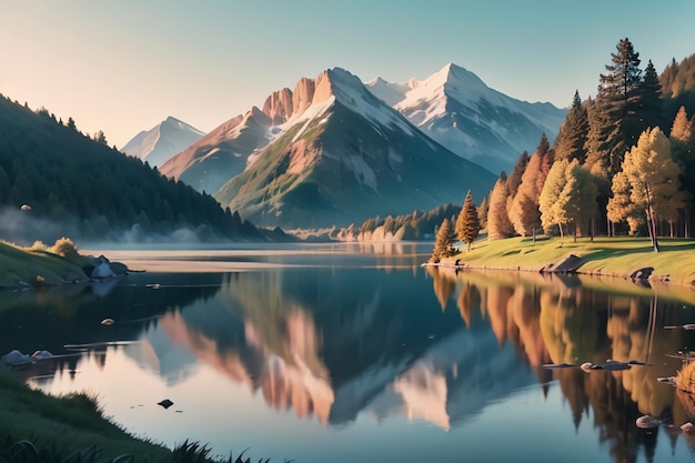 Un lago di montagna con una montagna sullo sfondo