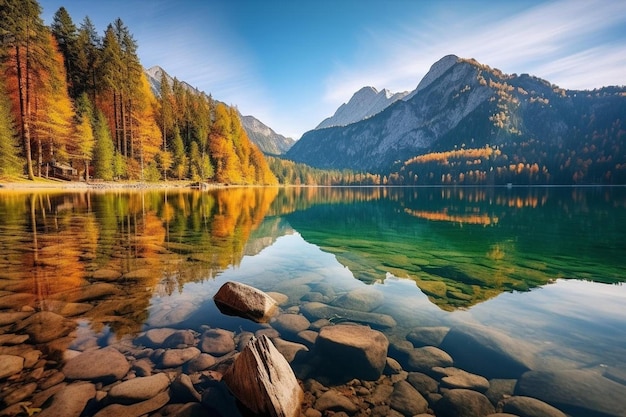 un lago di montagna con una roccia al centro e una montagna sullo sfondo