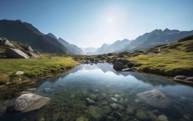 Un lago di montagna in montagna con il sole che splende all'orizzonte.