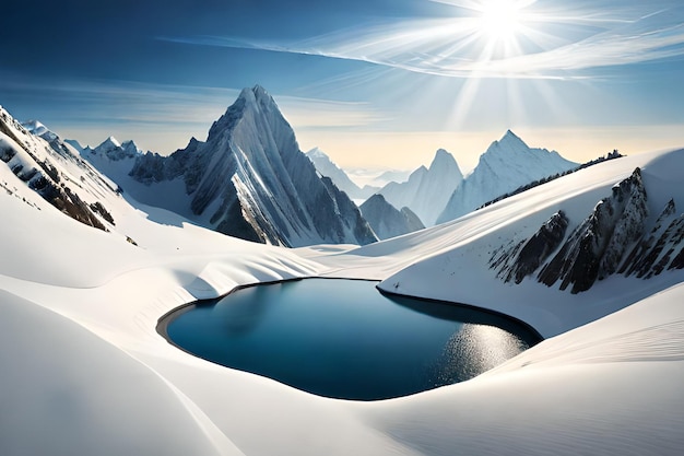 Un lago di montagna in montagna con il sole che splende su di esso