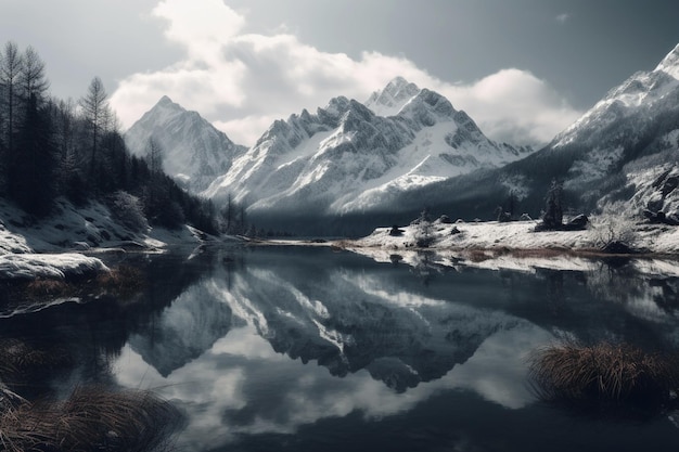 Un lago di montagna innevato con un riflesso delle montagne nell'acqua.