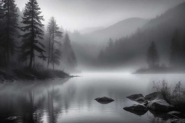 Un lago di nebbia infinita, nero e bianco.
