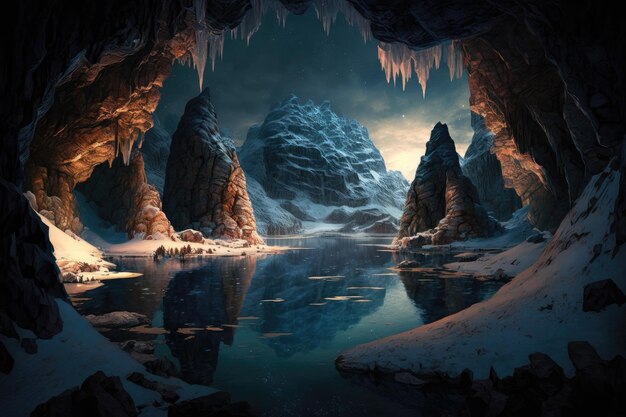Un lago ghiacciato al centro di una grande caverna circondata da imponenti formazioni rocciose create con ge
