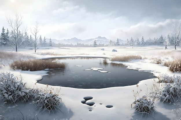 Un lago ghiacciato nella neve con un paesaggio innevato sullo sfondo.