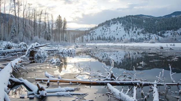 Un lago ghiacciato riflette le conseguenze di una massiccia nevicata con alberi rovesciati e detriti