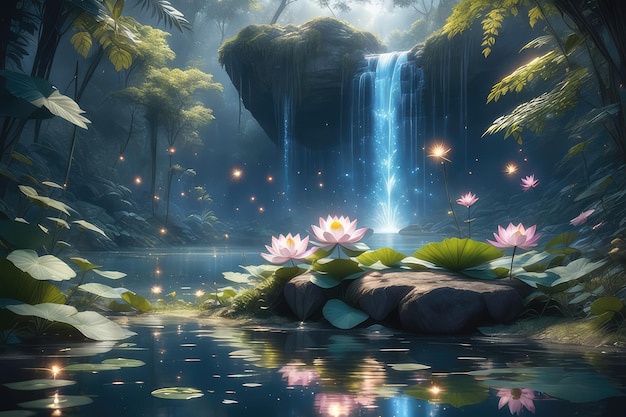Un lago immaginario con cascate e fiori di loto nella foresta.