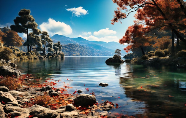 Un lago in autunno vicino a una quercia