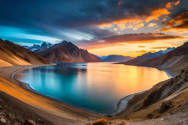 Un lago in montagna al tramonto