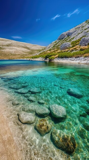 Un lago in montagna con acqua limpida e un cielo blu