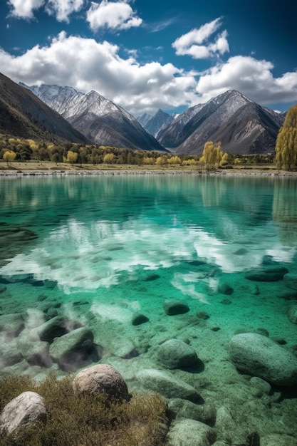 Un lago in montagna con il cielo sullo sfondo