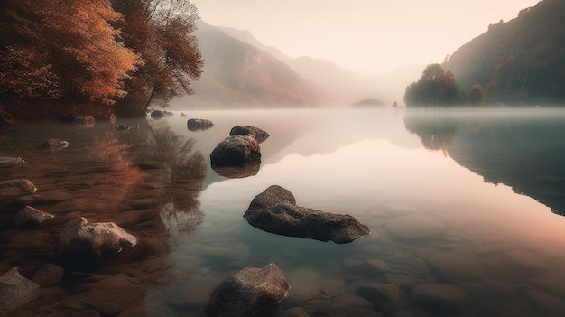 Un lago in montagna con un cielo colorato e un lago in primo piano.