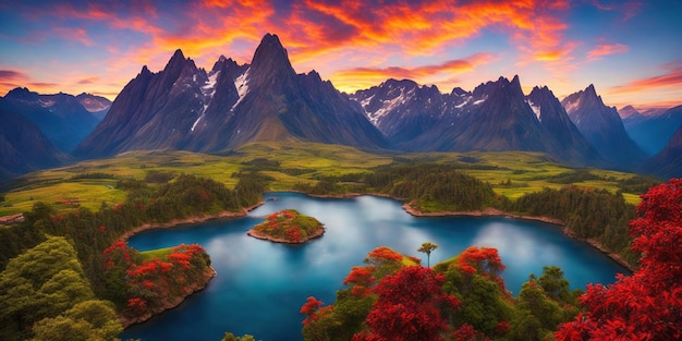 Un lago in montagna con un cielo colorato e una montagna sullo sfondo