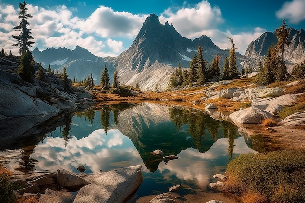 Un lago in montagna con una montagna sullo sfondo