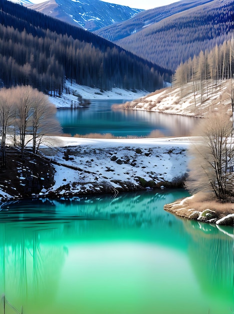 Un lago invernale raffigurato in acquerello con la palette di colori Pantone Generative AI Generated
