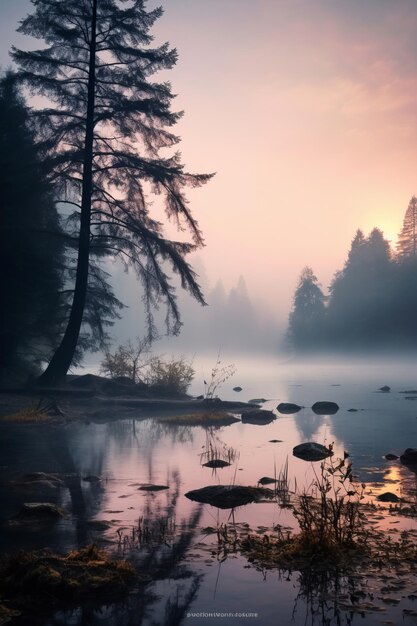 un lago nebbioso circondato da alberi e rocce