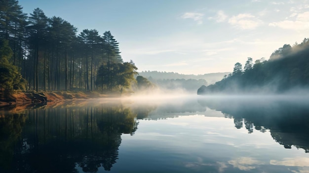 un lago nebbioso con alberi e un cielo nebbioso