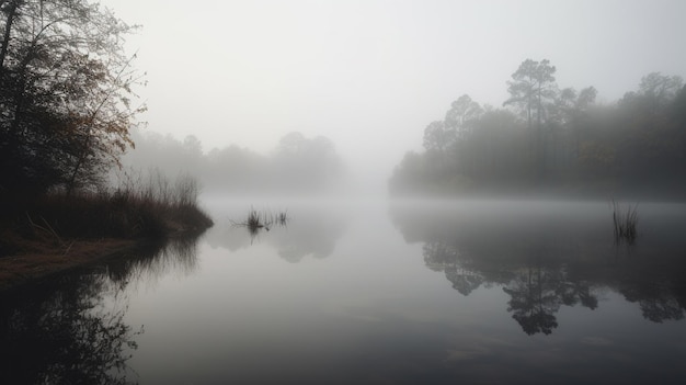 Un lago nebbioso con alberi e un lago sullo sfondo.