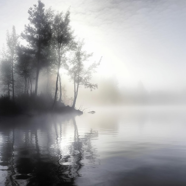 Un lago nebbioso con alberi e un lago sullo sfondo.