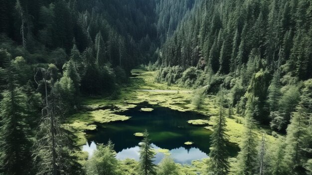 Un lago nella foresta con alberi e una foresta sullo sfondo