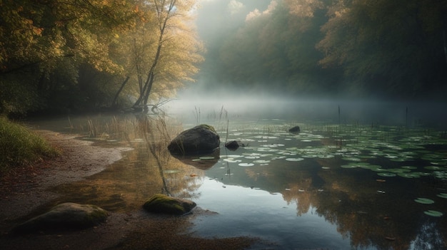 Un lago nella foresta con un albero in primo piano e un cielo nebbioso sullo sfondo.