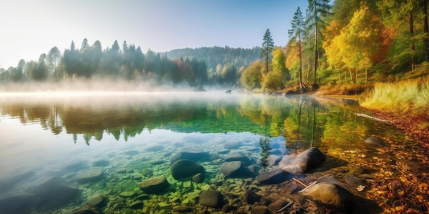 Un lago nella foresta con un cielo nebbioso