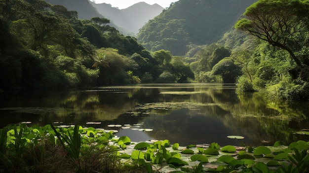 Un lago nella giungla con una foresta verde sullo sfondo