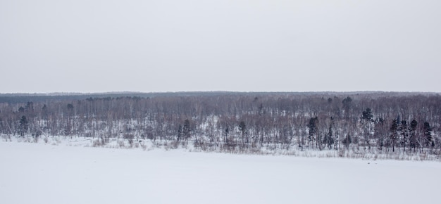 Un lago o un fiume ghiacciato in inverno Vicino alla foresta e alle montagne
