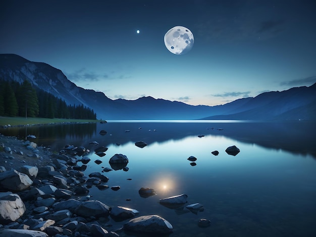 Un lago sereno al crepuscolo con la luna che si riflette sulla superficie dell'acqua