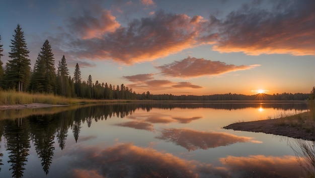 Un lago sereno che riflette i colori di un cielo al tramontoIntelligenza artificiale generativa