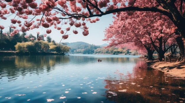 Un lago sereno circondato da alberi in fiore