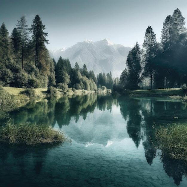 Un lago tranquillo circondato da alberi ad alto fusto e montagne in lontananza