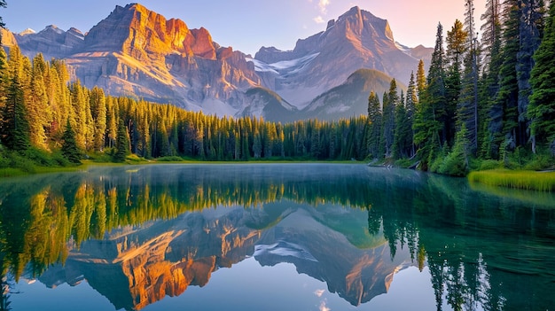 un lago tranquillo circondato da alte montagne e lussureggianti foreste verdi