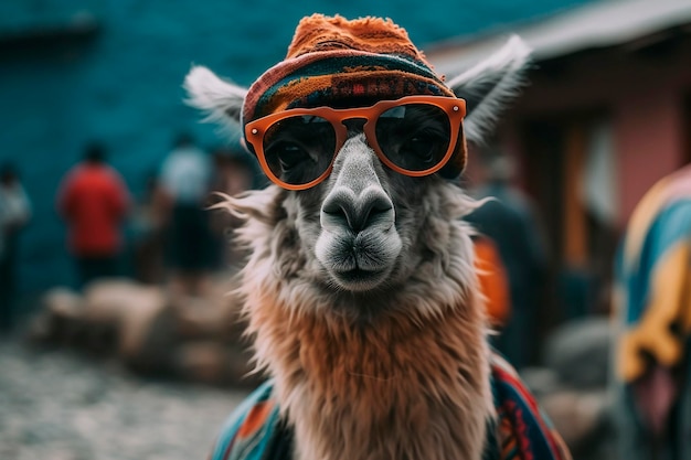 Un lama che indossa un cappello e occhiali da sole