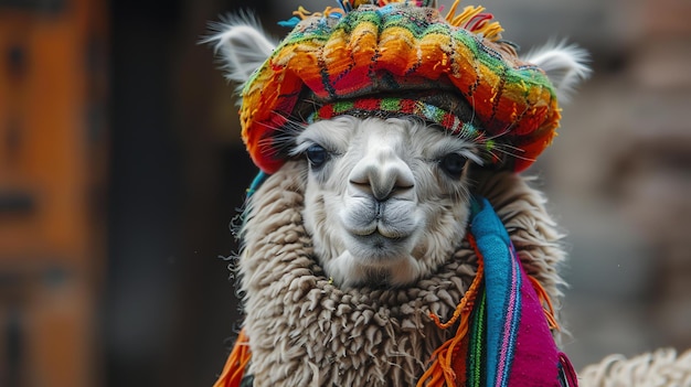 Un lama che indossa un cappello e una sciarpa colorati guarda la telecamera con un'espressione curiosa Il lama è in piedi di fronte a uno sfondo sfocato