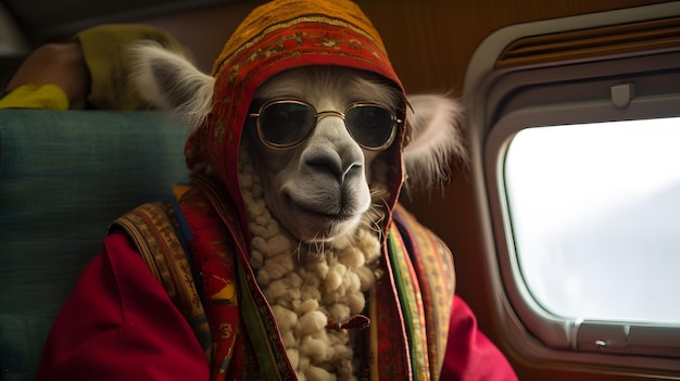 Un lama con occhiali da sole e giacca siede su un aereo.