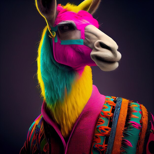 Un lama con sopra un vestito arcobaleno