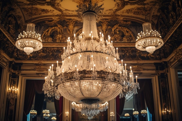 Un lampadario pende dal soffitto di una stanza con un lampadario appeso al soffitto.