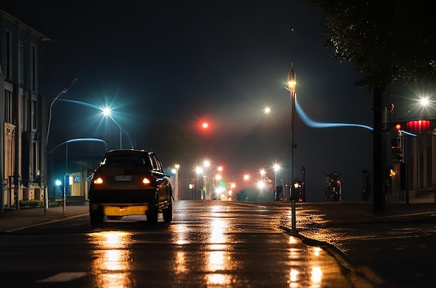 Un lampione con una macchina che lo percorre e le luci della strada sono accese