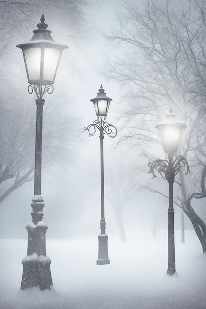 Un lampione in un parco innevato con uno sfondo innevato.